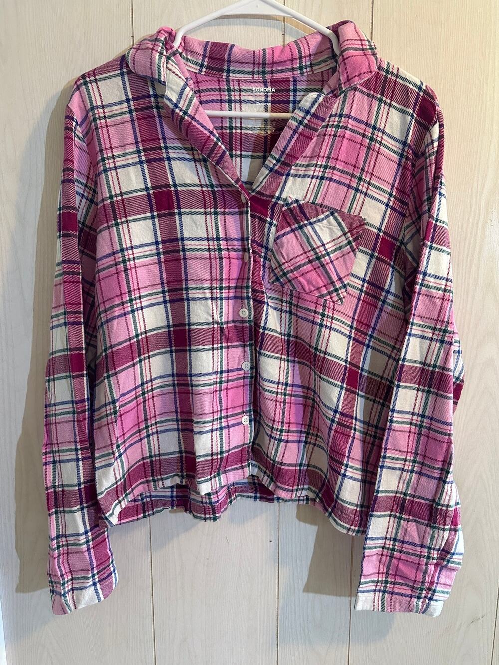 For Life Women's Small Pink Plaid Pajama Sleep Shirt Crop Long Sleeve